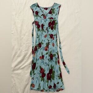 Tessuto Petites Floral 90s Vintage Midi Cap Sleeve Dress Blue and Red